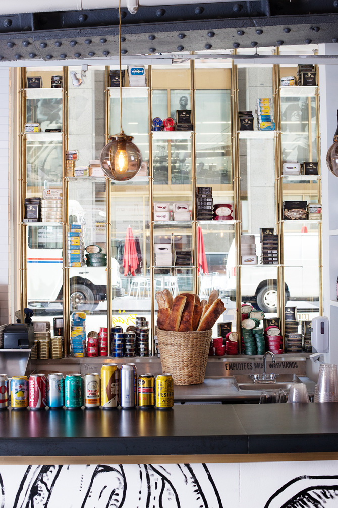 Maiden Lane Ii Smith Sauer Brass Shelving System For The Window To Display Range Of European Tins On Offer By Restaurant Individual Shelves Are Adjustable